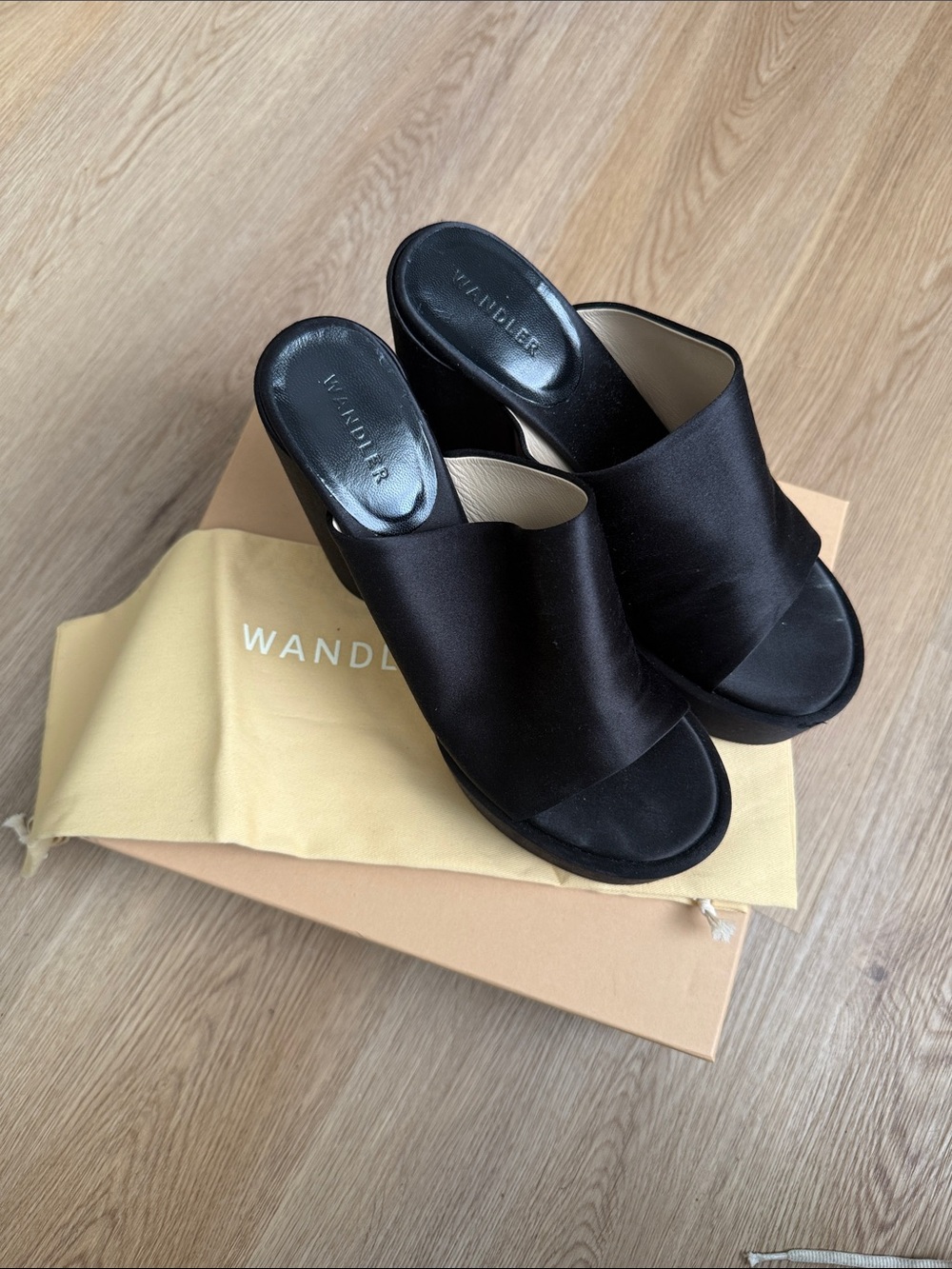 Wandler Black Satin Open-Toe Slide Mules